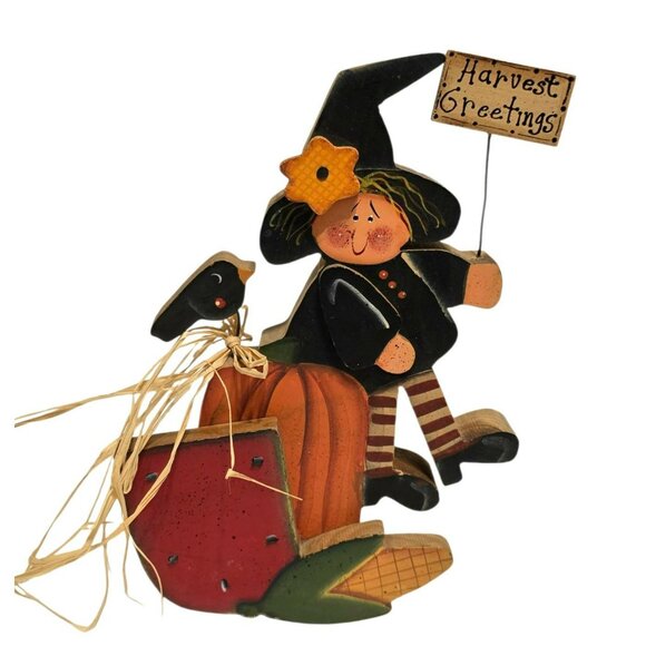 VTG Harvest Greetings Witch Wood Sign Fall Autumn Folk Art Rustic Crazy Mountain - Picture 5 of 8